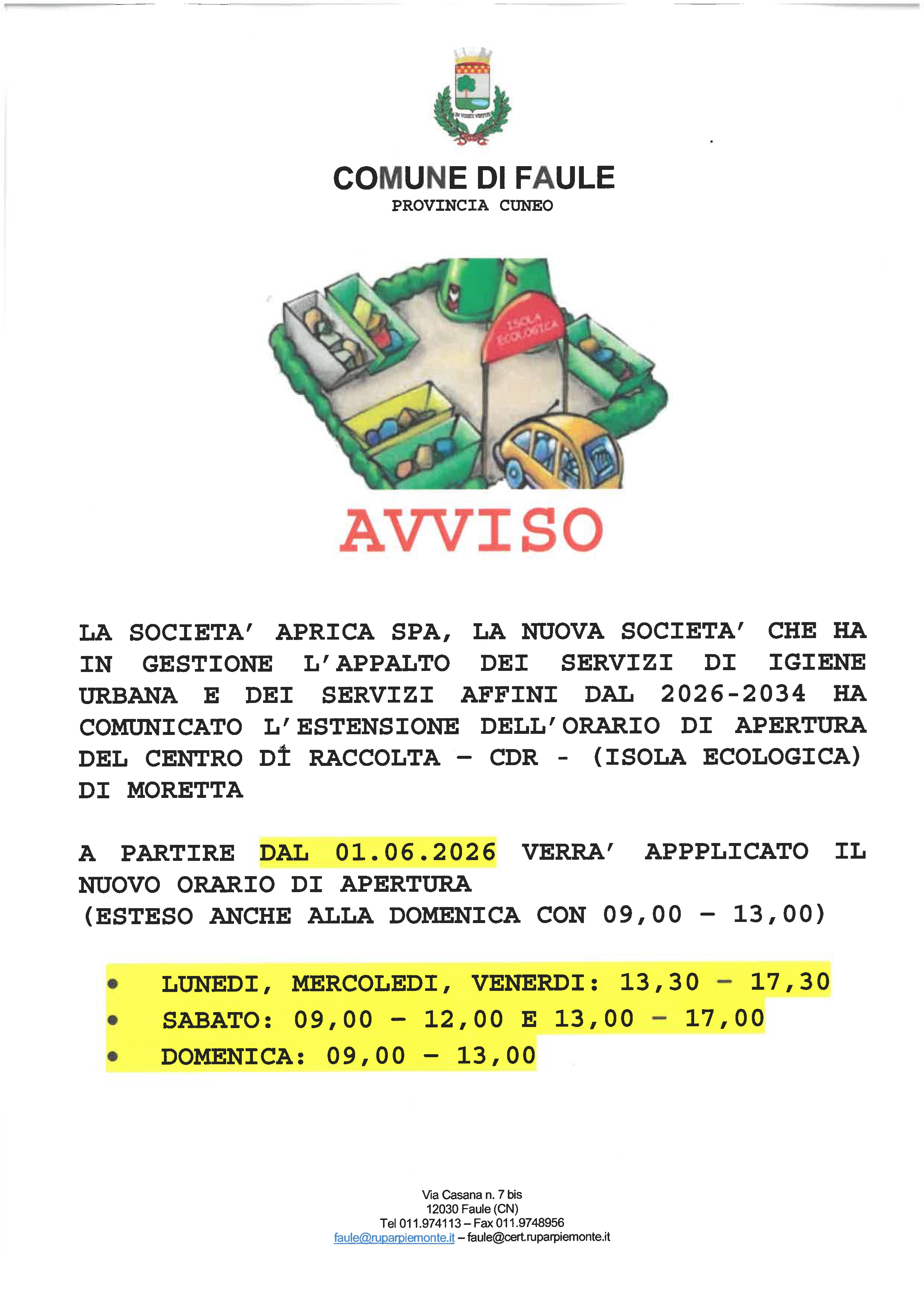 Nuovi orari per accedere all'isola ecologica di Moretta
